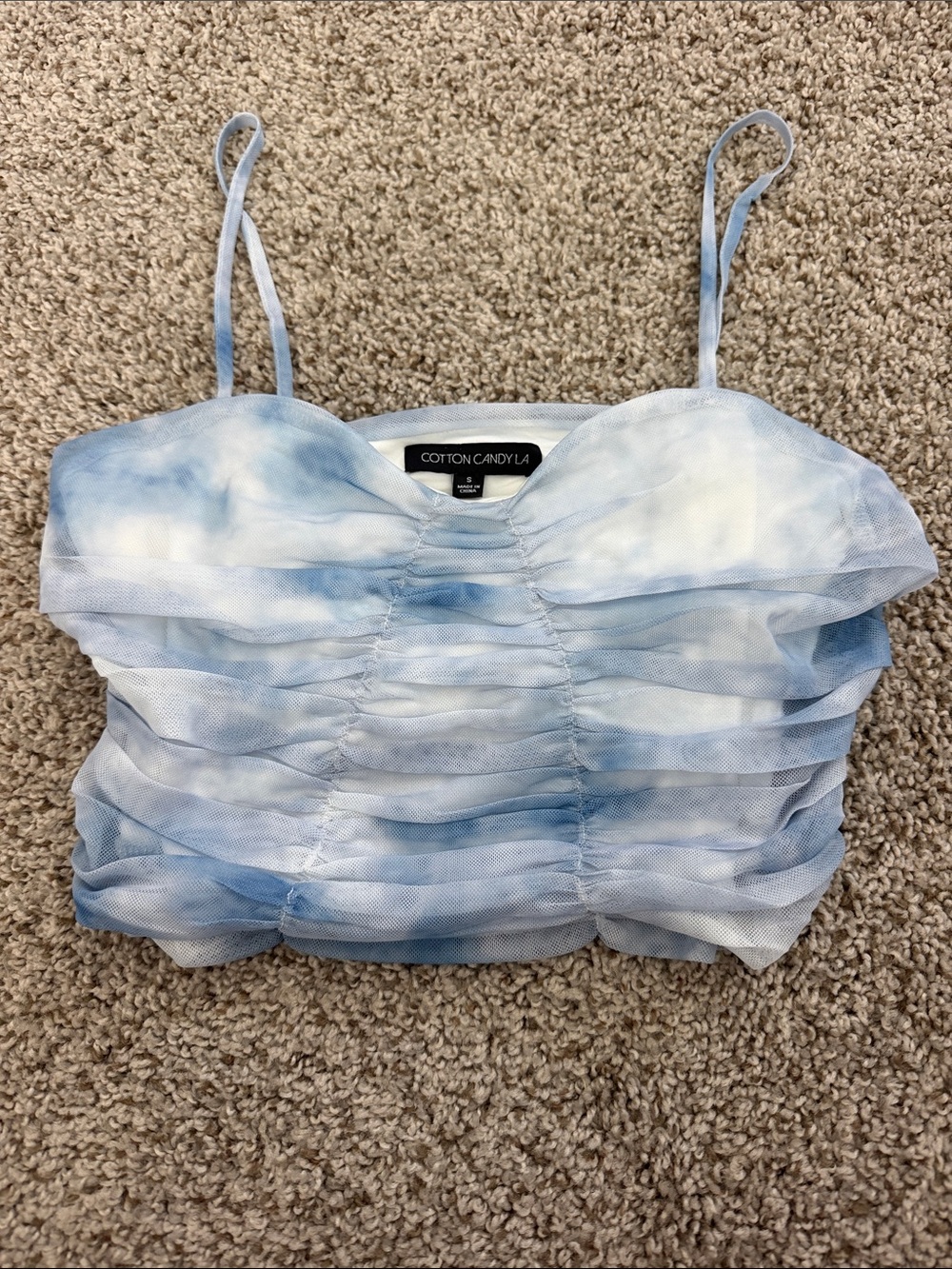 Cotton Candy Blue & White Ruched Tie-Dye Crop Cami